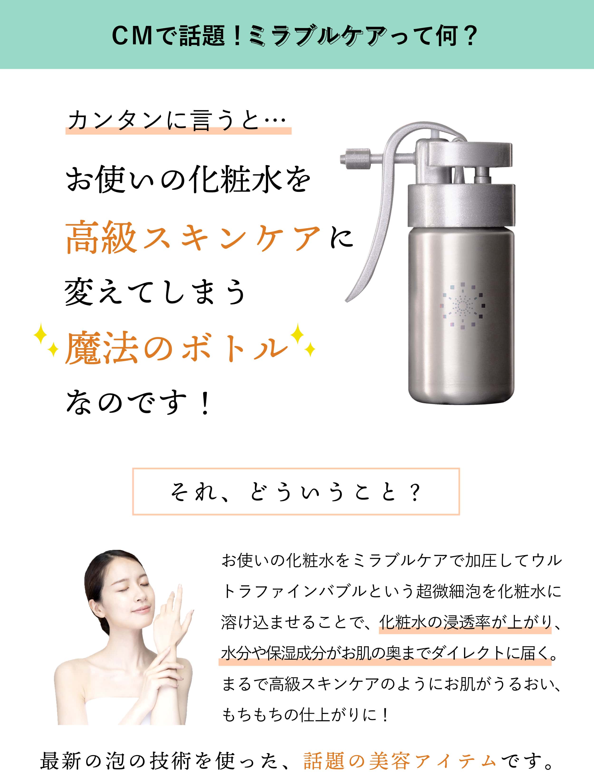 CMで話題！ミラブルケアって何？カンタンに言うと…お使いの化粧水を高級スキンケアに変えてしまう魔法のボトルなのです！